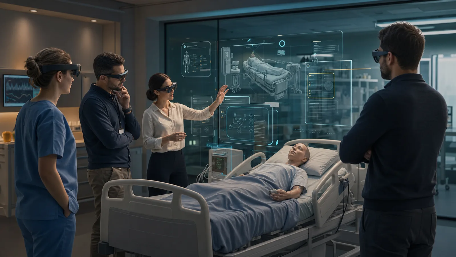 Clinical team reviewing a mixed reality healthcare simulation with spatial product and evidence overlays