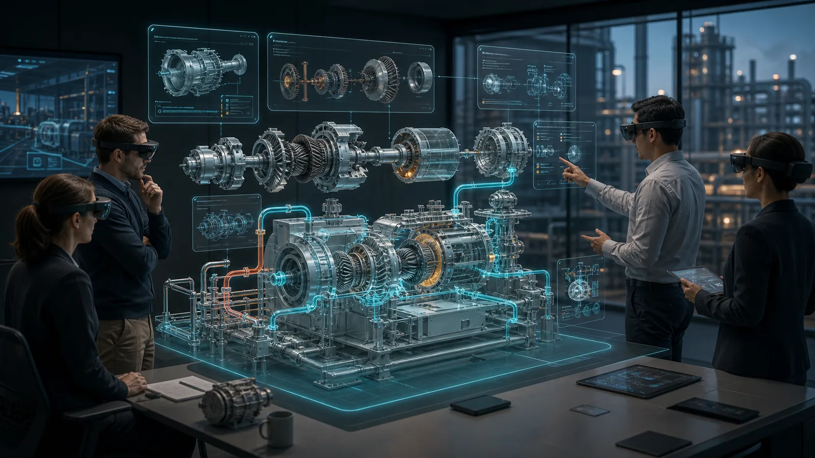 Engineering team reviewing an industrial XR visualisation of machinery and process flows