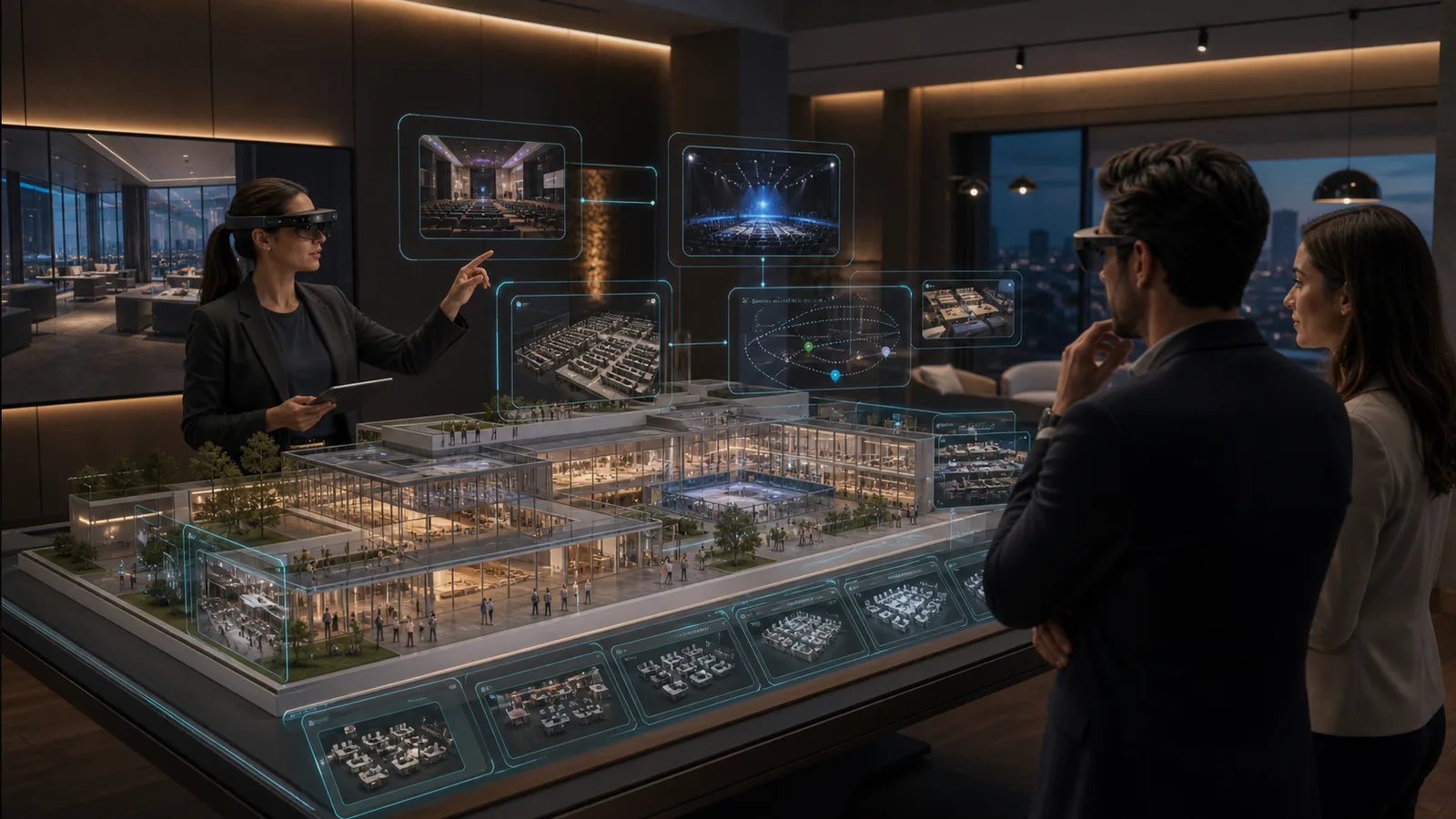 Venue sales team reviewing an interactive XR model with layouts and event configurations