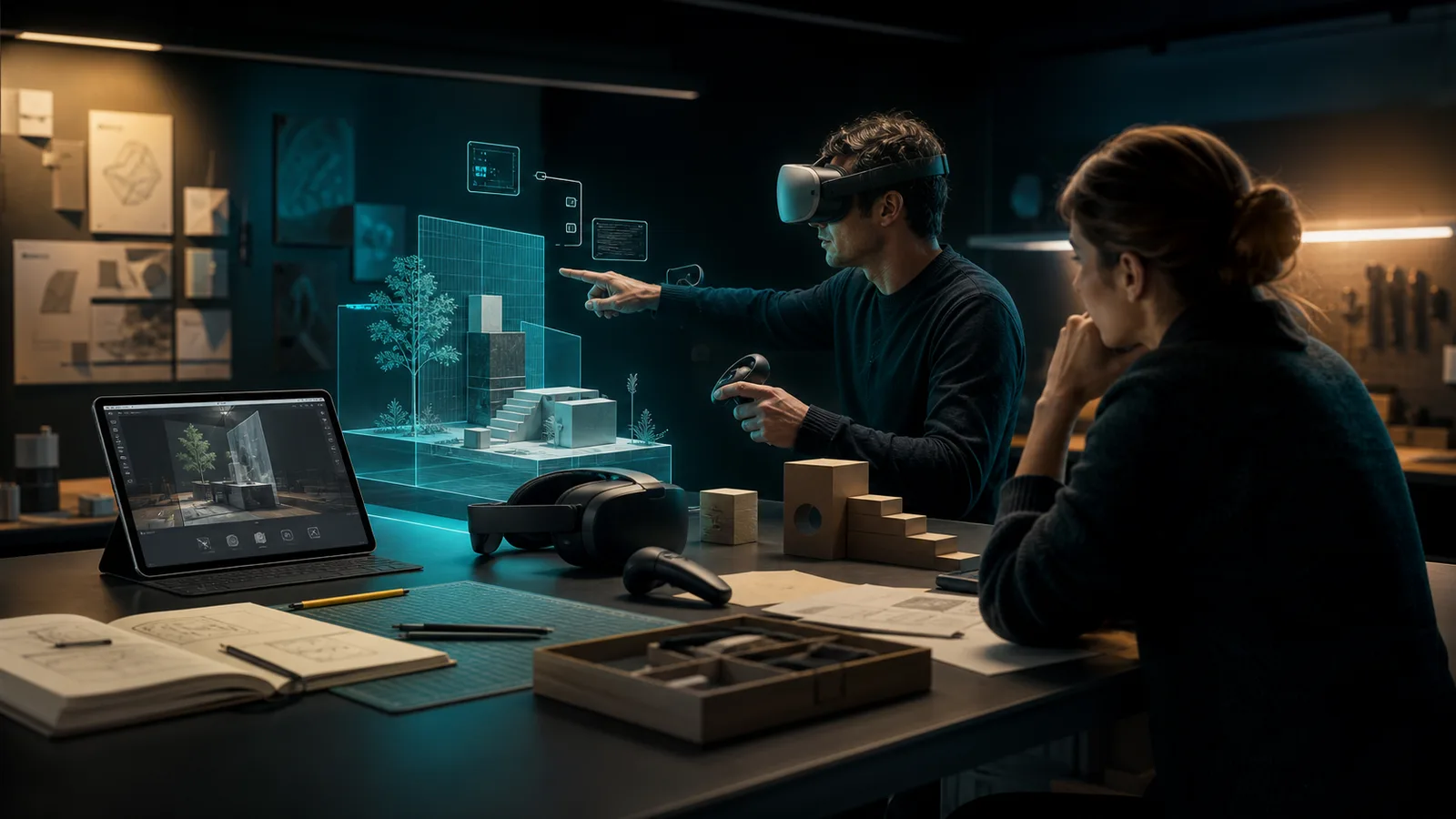 XR prototype test lab with headset, spatial model, browser preview and physical props