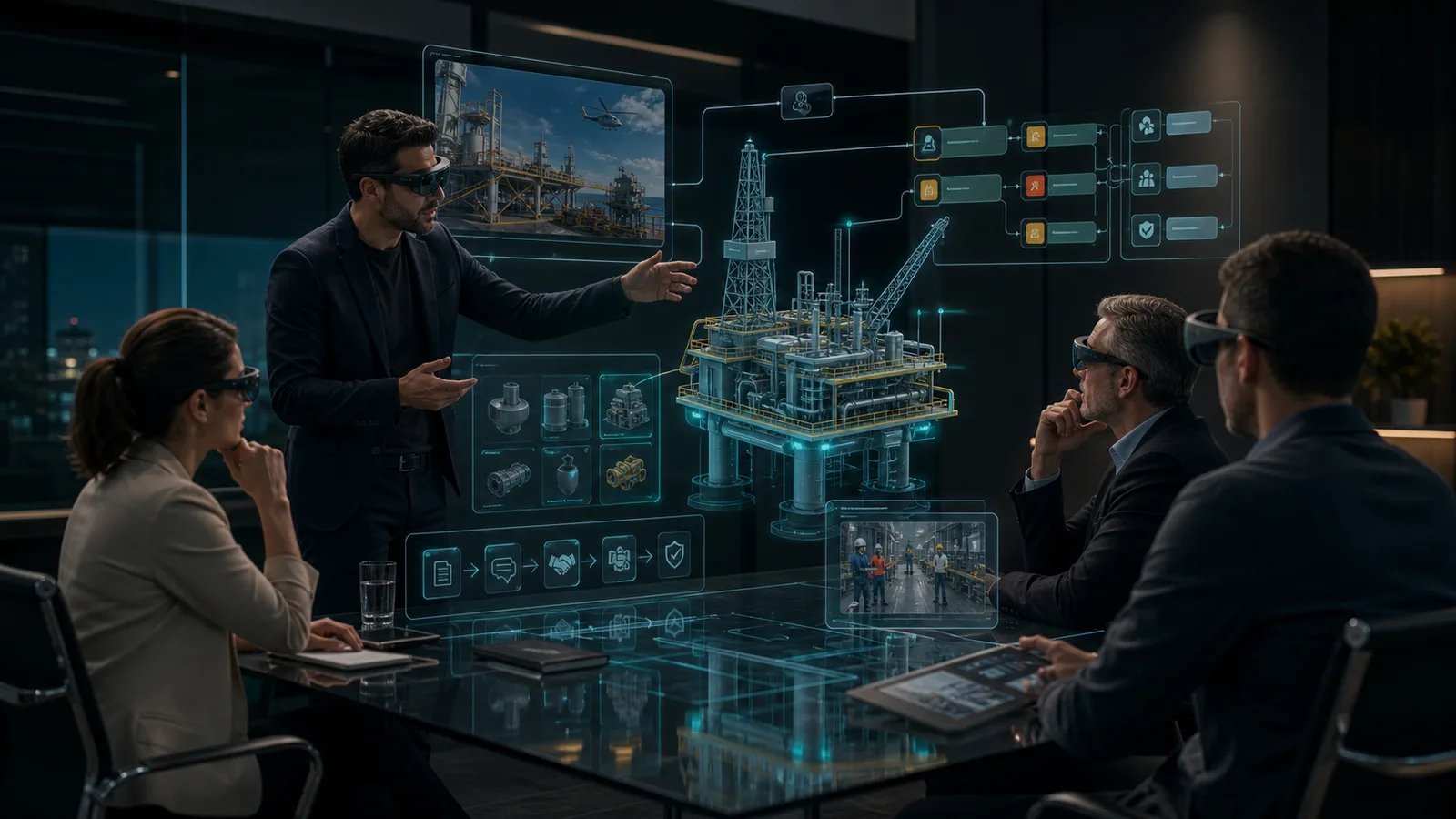 Enterprise sales team using XR to explain a complex B2B product to prospective buyers