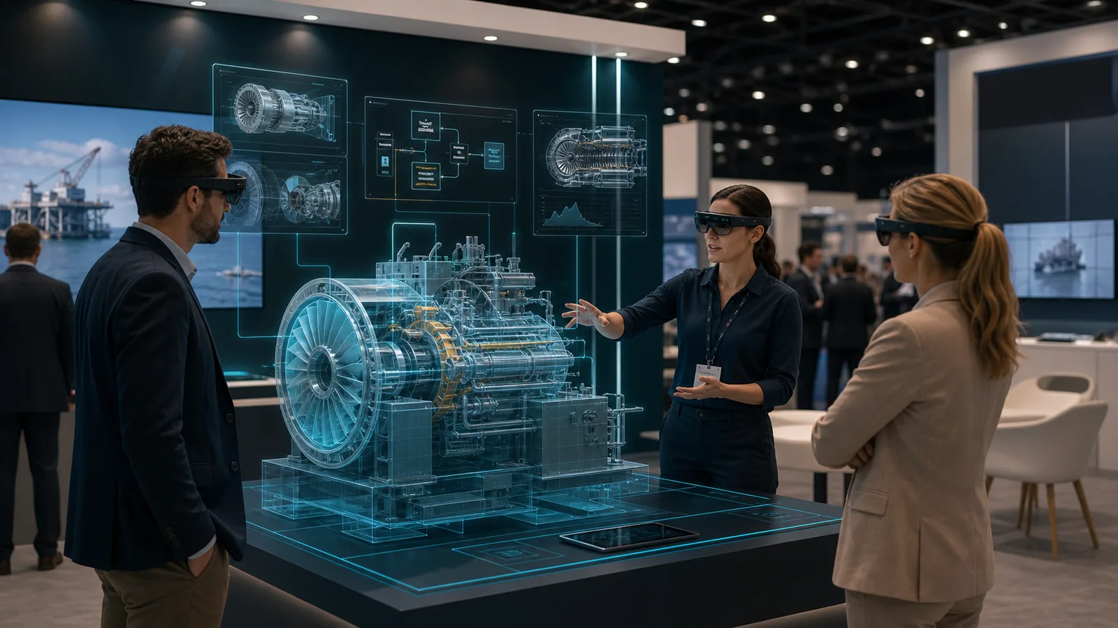 Visitors exploring an XR machinery demonstration on a trade show exhibition stand