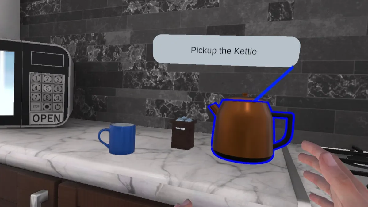 CorteXR VR rehabilitation task screenshot showing a kettle interaction