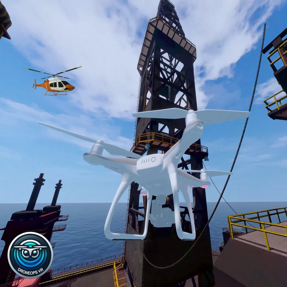 DroneOps VR drone pilot simulation near an offshore platform